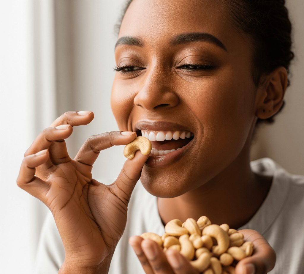 An American lady eating exported cashew nuts